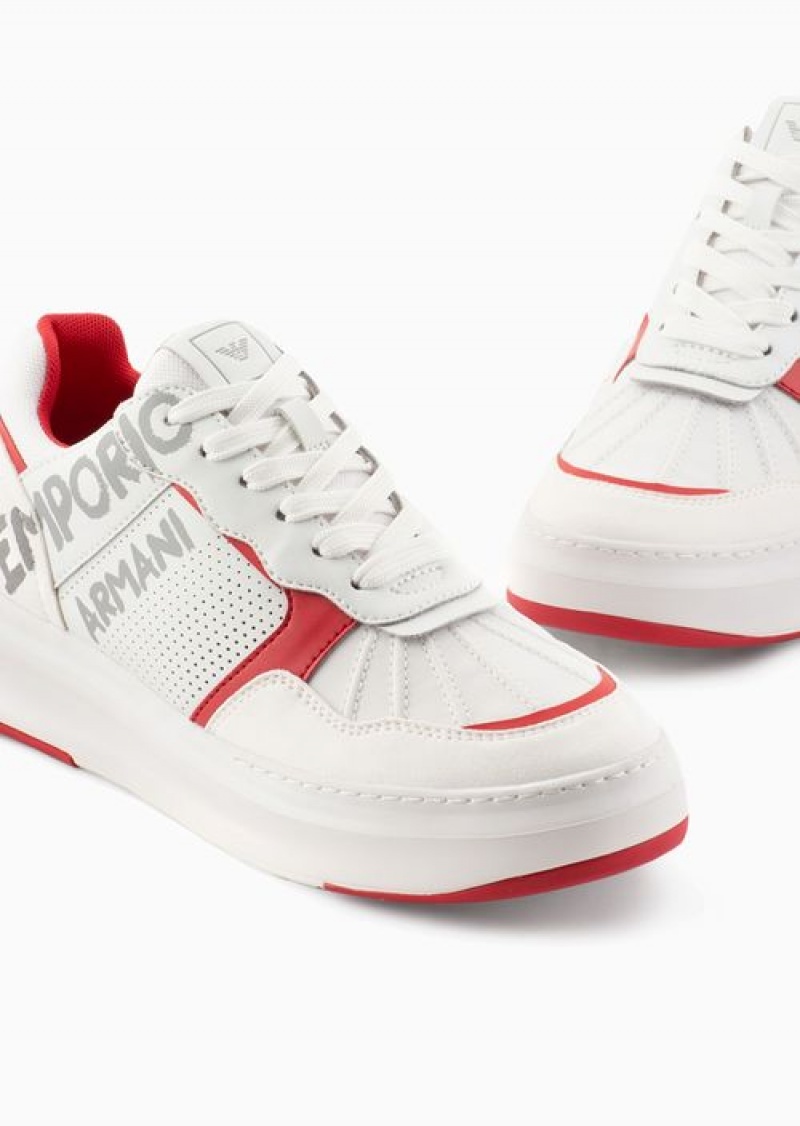 White Emporio Armani Leather And Nylon Sneakers With Brushstroke Logo | EA-SN57190