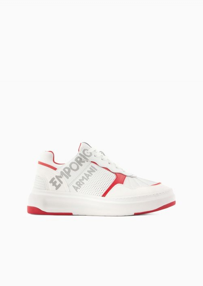 White Emporio Armani Leather And Nylon Sneakers With Brushstroke Logo | EA-SN57190