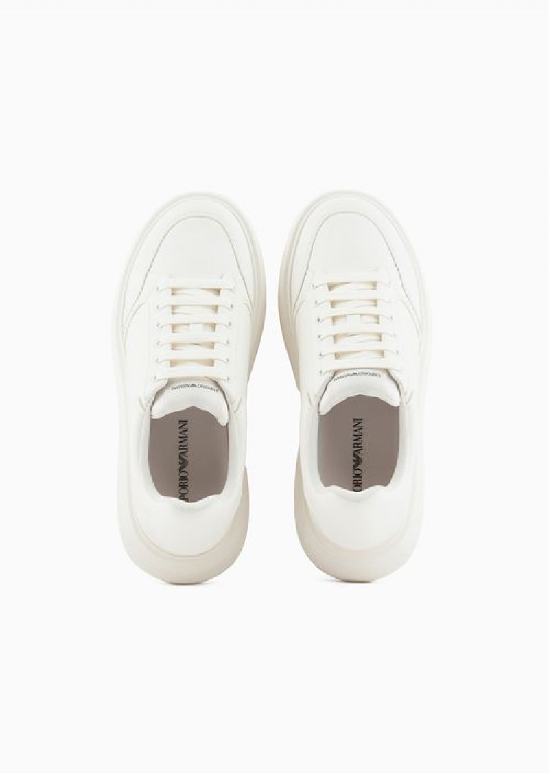 White Emporio Armani Leather Sneakers With Side Logo | EA-SN58936