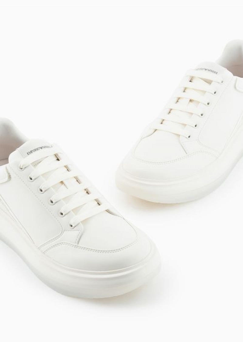 White Emporio Armani Leather Sneakers With Side Logo | EA-SN58936