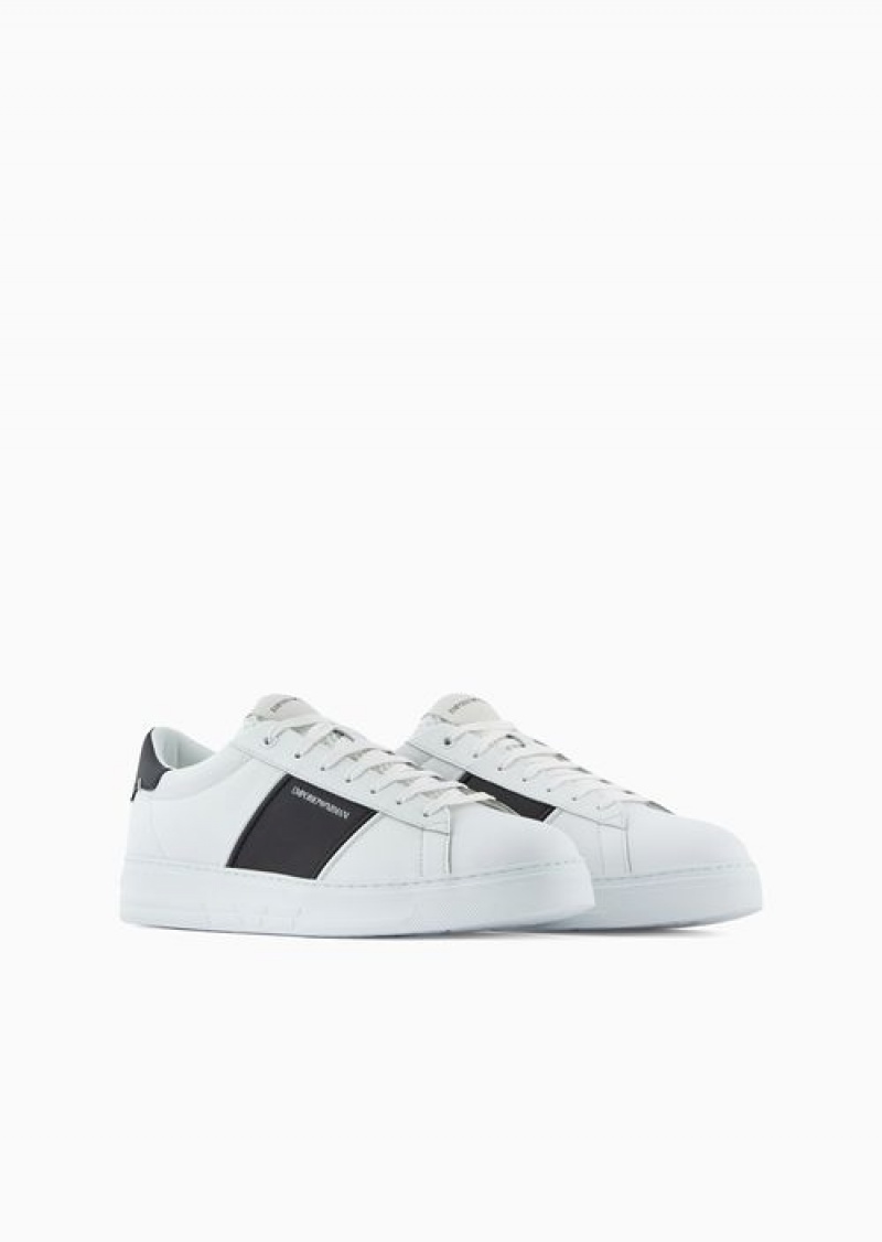 White Emporio Armani Leather Sneakers With Rubber Details | EA-SN58967