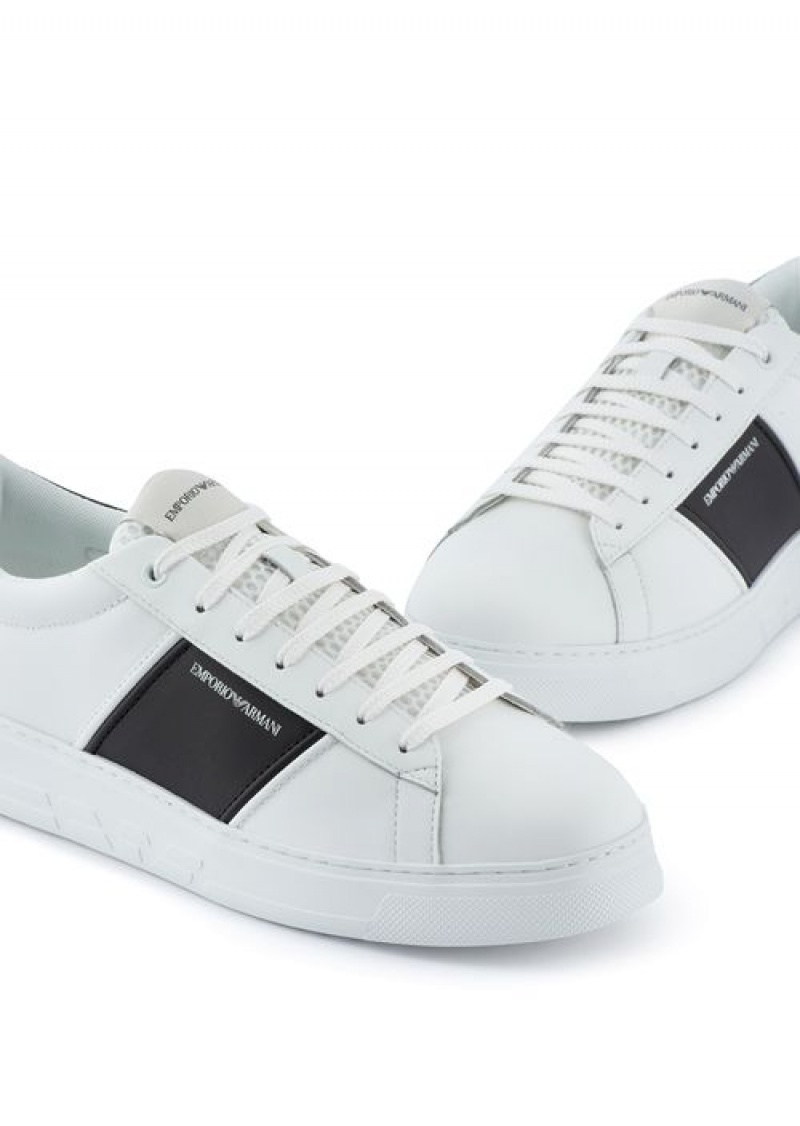 White Emporio Armani Leather Sneakers With Rubber Details | EA-SN58967