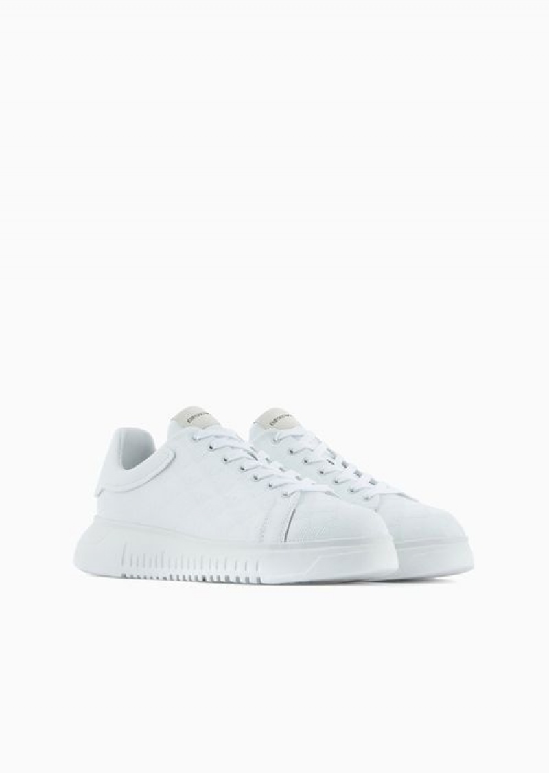 White Emporio Armani Leather Sneakers With All-over Eagle Logo | EA-SN58976