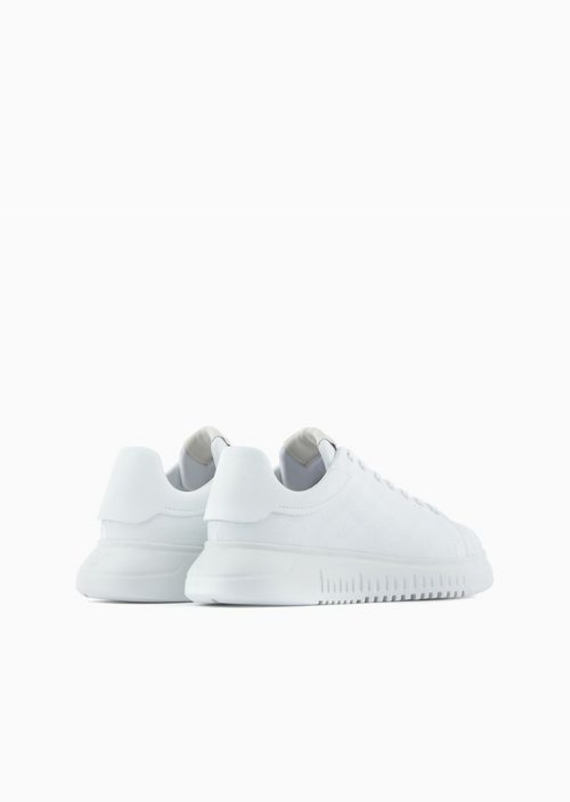 White Emporio Armani Leather Sneakers With All-over Eagle Logo | EA-SN58976