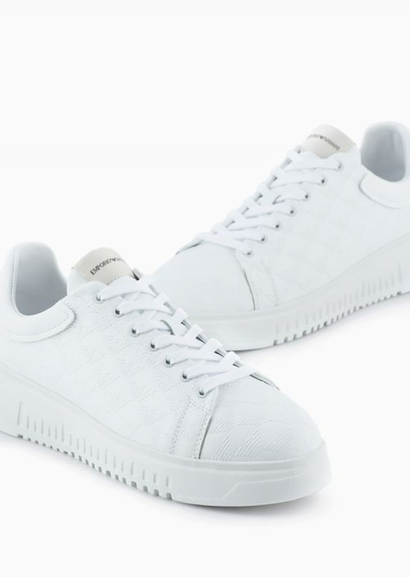 White Emporio Armani Leather Sneakers With All-over Eagle Logo | EA-SN58976