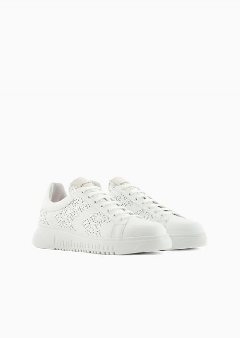 White Emporio Armani Leather Sneakers With Micro-perforated Logo Lettering | EA-SN58977