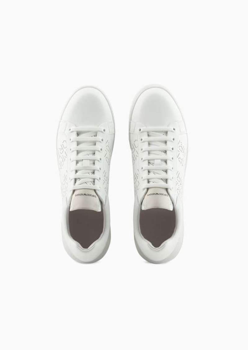 White Emporio Armani Leather Sneakers With Micro-perforated Logo Lettering | EA-SN58977