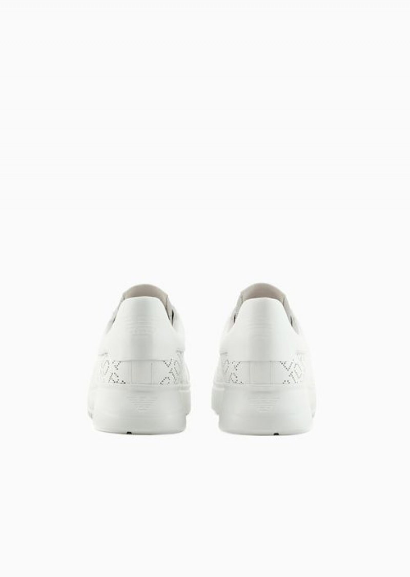 White Emporio Armani Leather Sneakers With Micro-perforated Logo Lettering | EA-SN58977