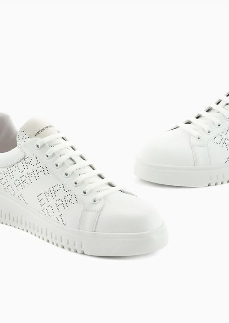 White Emporio Armani Leather Sneakers With Micro-perforated Logo Lettering | EA-SN58977