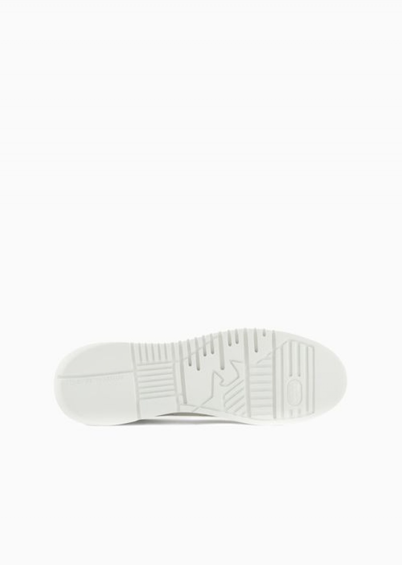 White Emporio Armani Leather Sneakers With Micro-perforated Logo Lettering | EA-SN58977