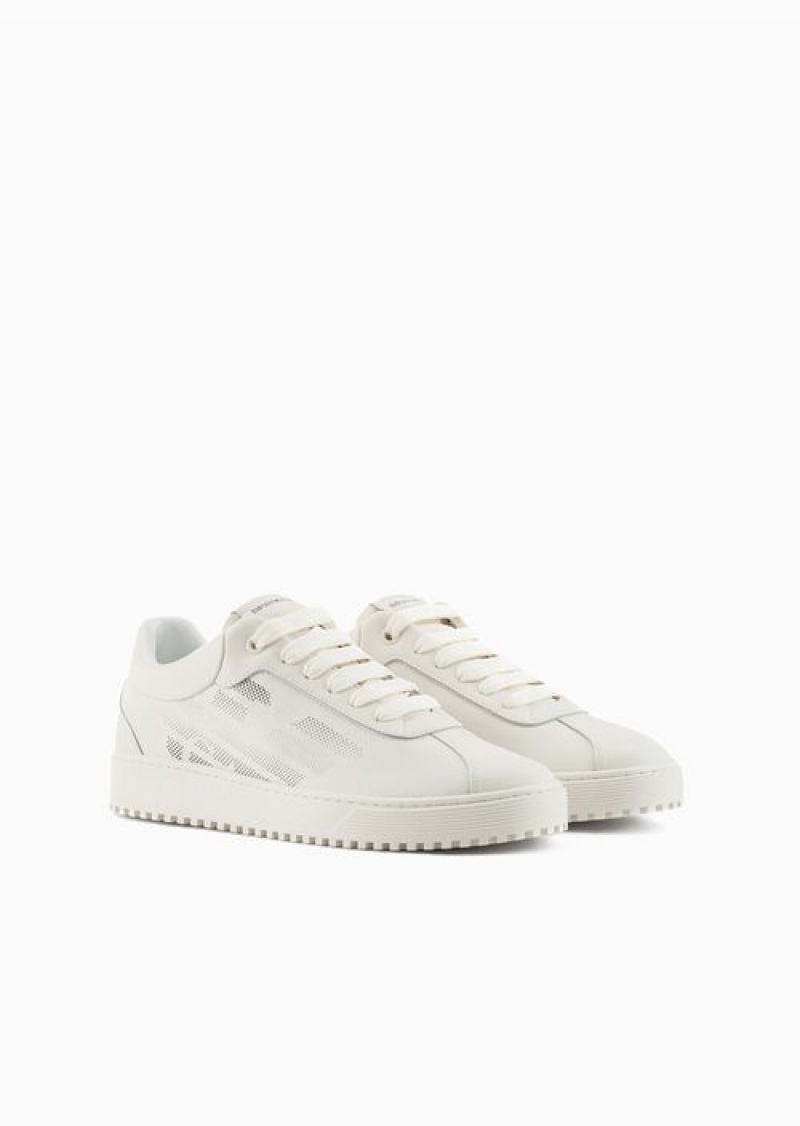 White Emporio Armani Leather Sneakers With Oversized Eagle Print | EA-SN58999