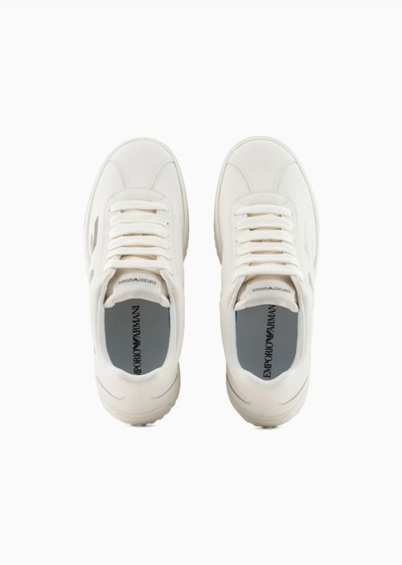 White Emporio Armani Leather Sneakers With Oversized Eagle Print | EA-SN58999