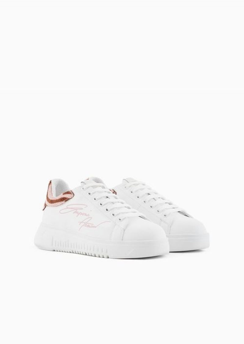 White Emporio Armani Leather Sneakers With Ponyskin Back And Signature Logo | EA-SN57191