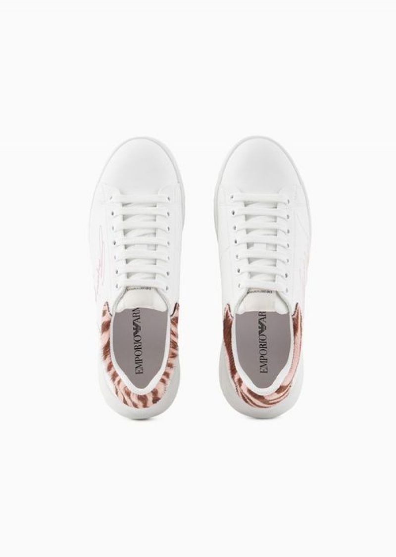 White Emporio Armani Leather Sneakers With Ponyskin Back And Signature Logo | EA-SN57191