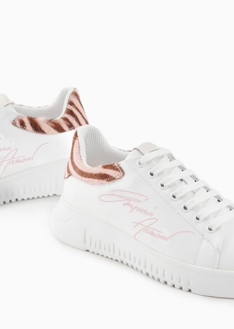 White Emporio Armani Leather Sneakers With Ponyskin Back And Signature Logo | EA-SN57191