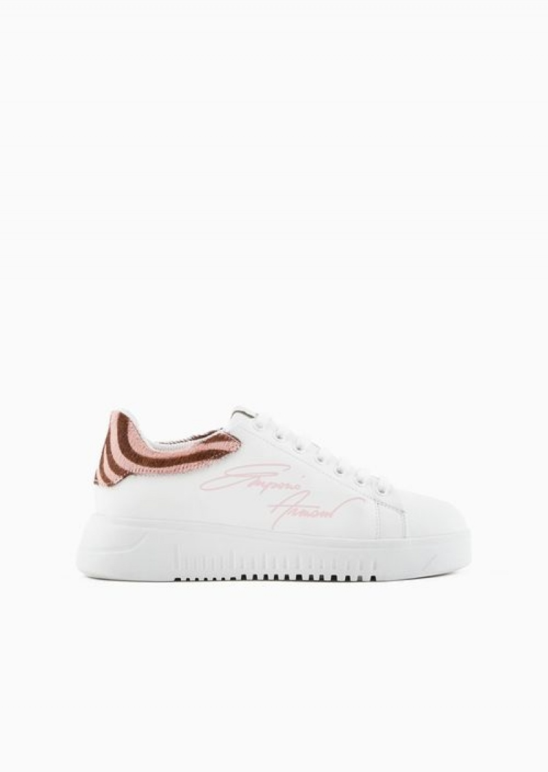 White Emporio Armani Leather Sneakers With Ponyskin Back And Signature Logo | EA-SN57191