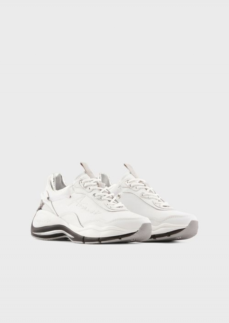 White Emporio Armani Leather Sneakers With Crinkled Details | EA-SN57195