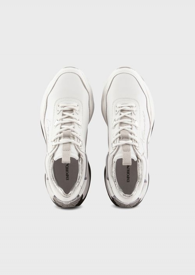 White Emporio Armani Leather Sneakers With Crinkled Details | EA-SN57195