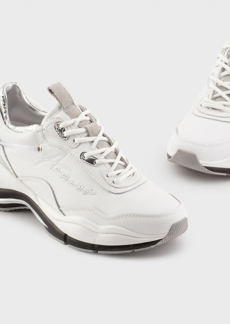 White Emporio Armani Leather Sneakers With Crinkled Details | EA-SN57195