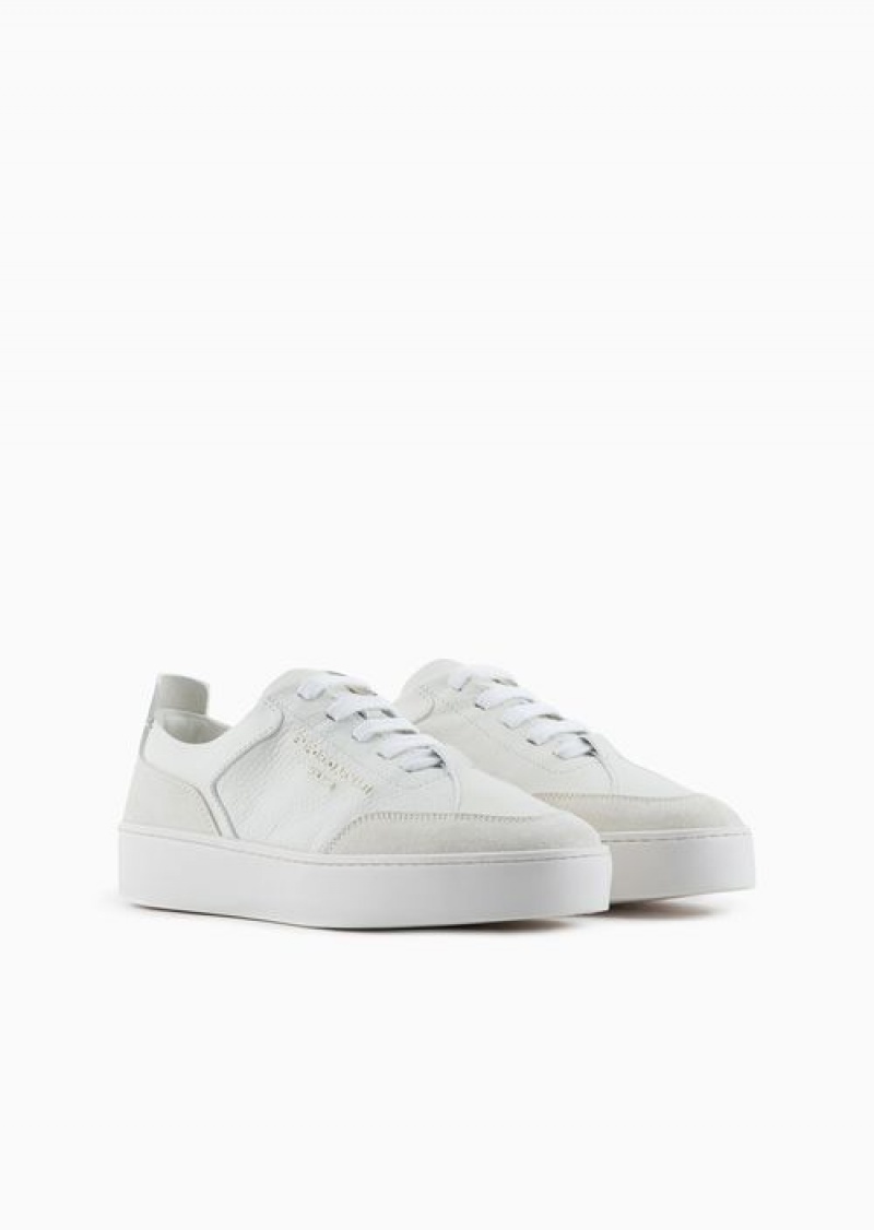 White Emporio Armani Leather Sneakers With Suede Details And Embossed Logo | EA-SN57197