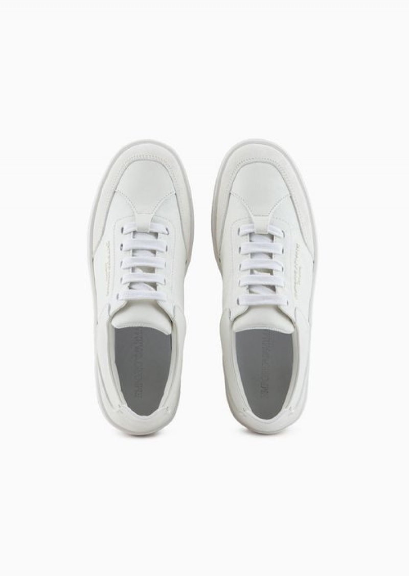 White Emporio Armani Leather Sneakers With Suede Details And Embossed Logo | EA-SN57197