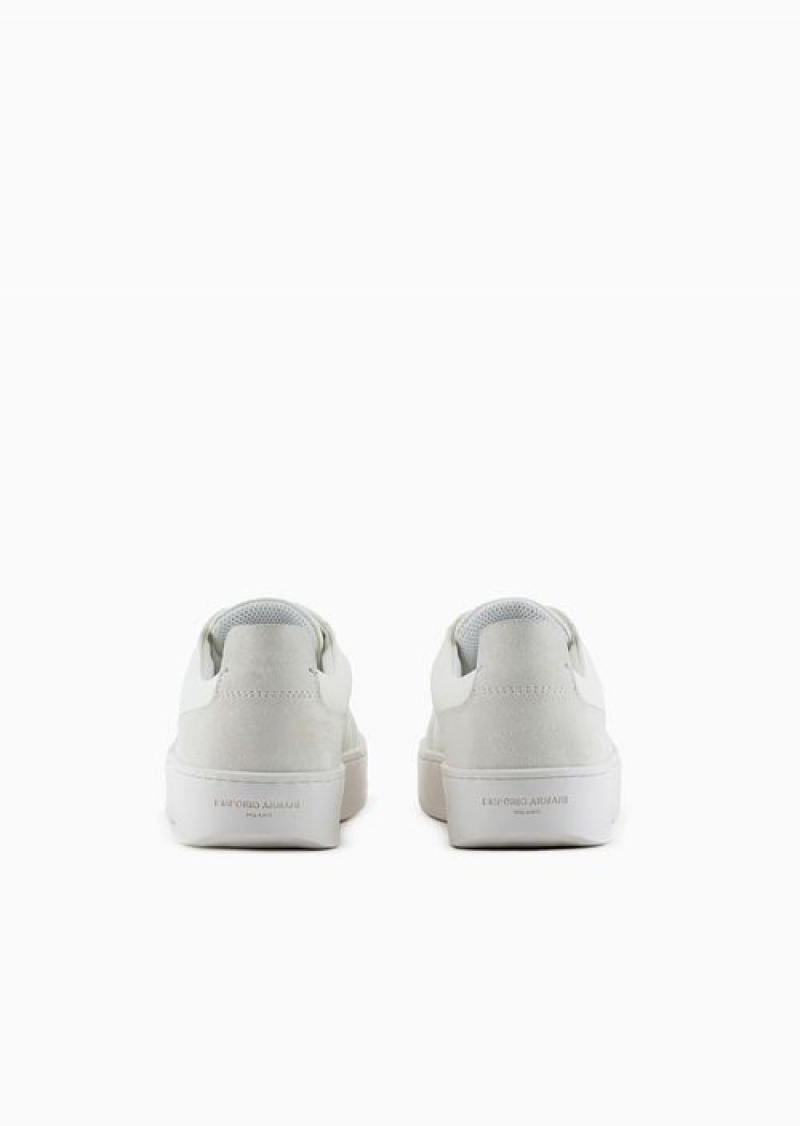 White Emporio Armani Leather Sneakers With Suede Details And Embossed Logo | EA-SN57197