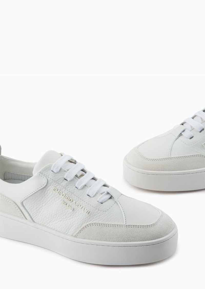 White Emporio Armani Leather Sneakers With Suede Details And Embossed Logo | EA-SN57197