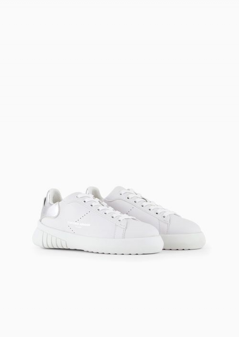 White Emporio Armani Leather Sneakers With Laminated Back | EA-SN57199