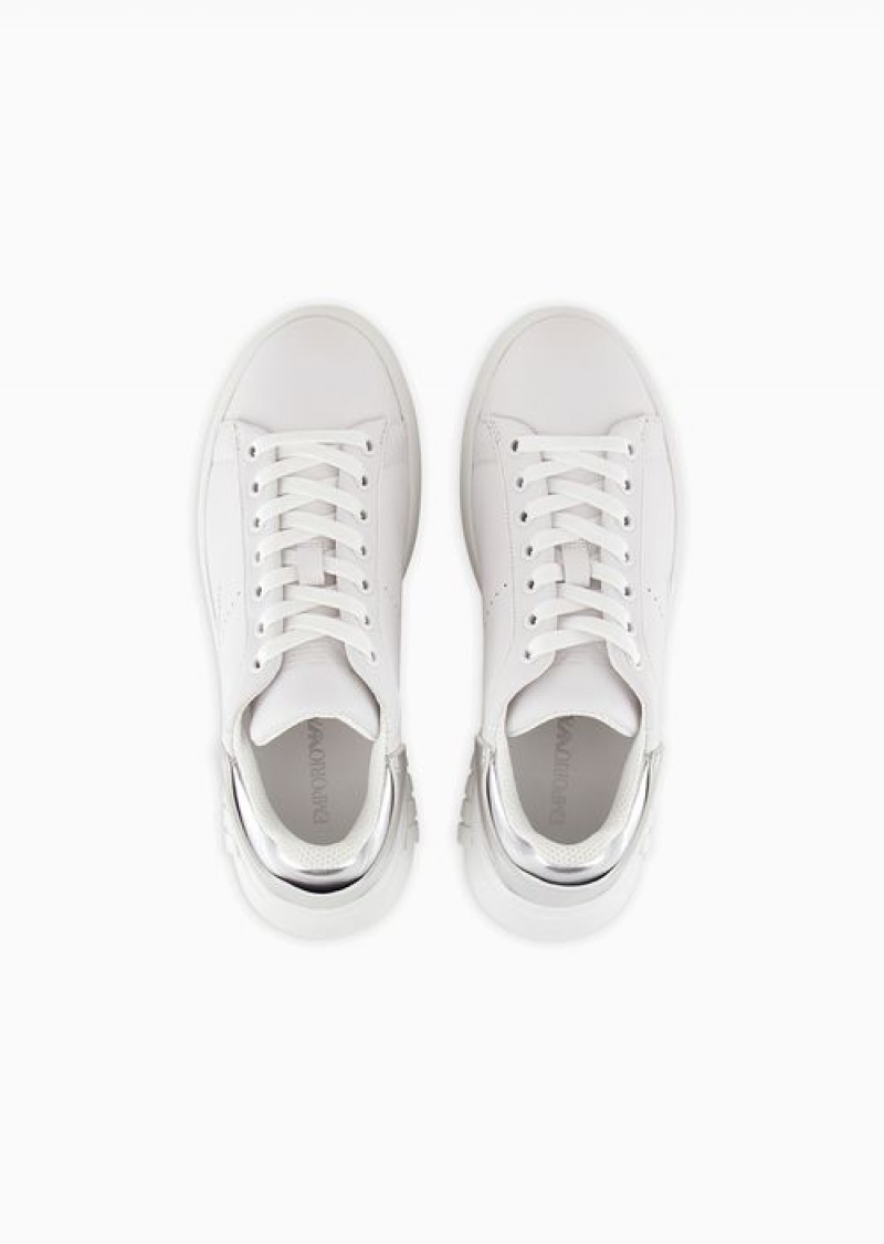 White Emporio Armani Leather Sneakers With Laminated Back | EA-SN57199