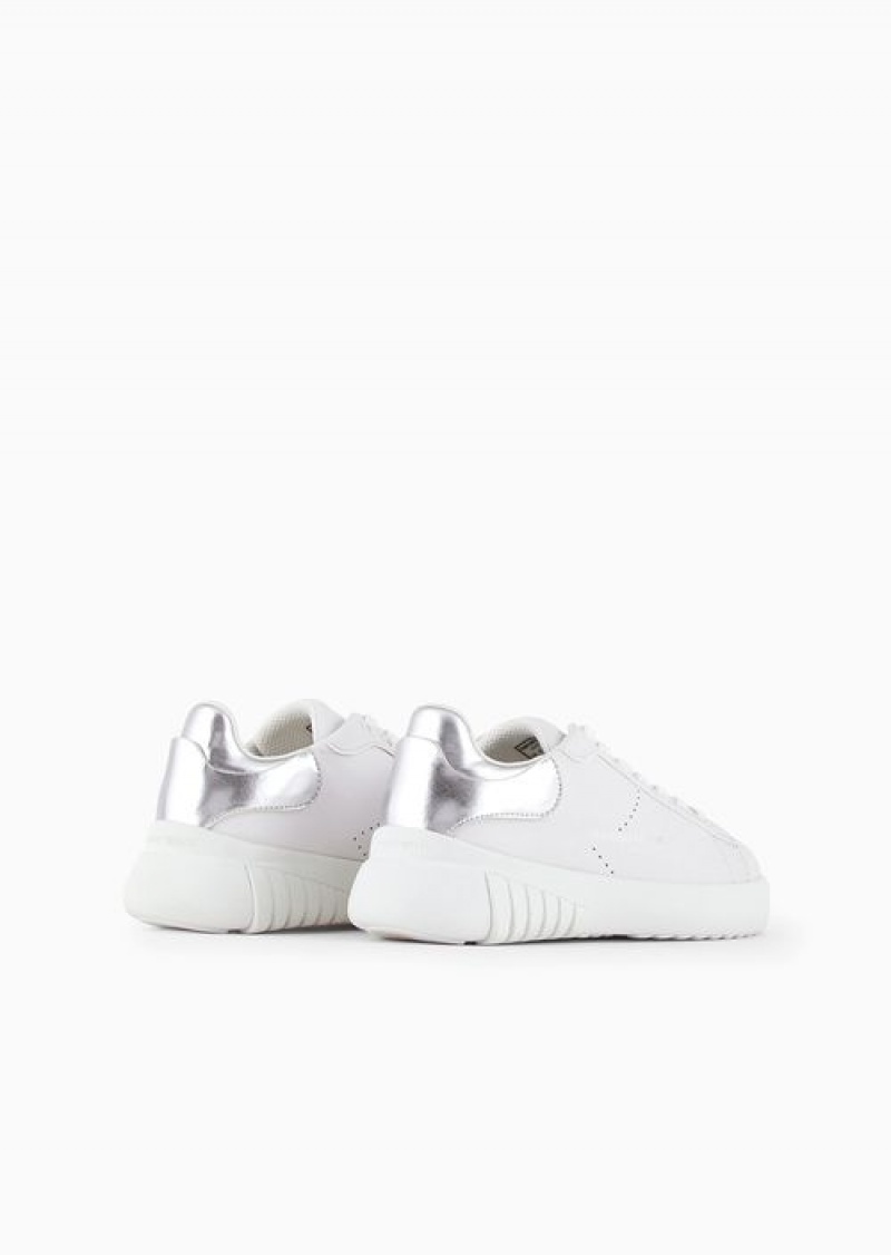 White Emporio Armani Leather Sneakers With Laminated Back | EA-SN57199