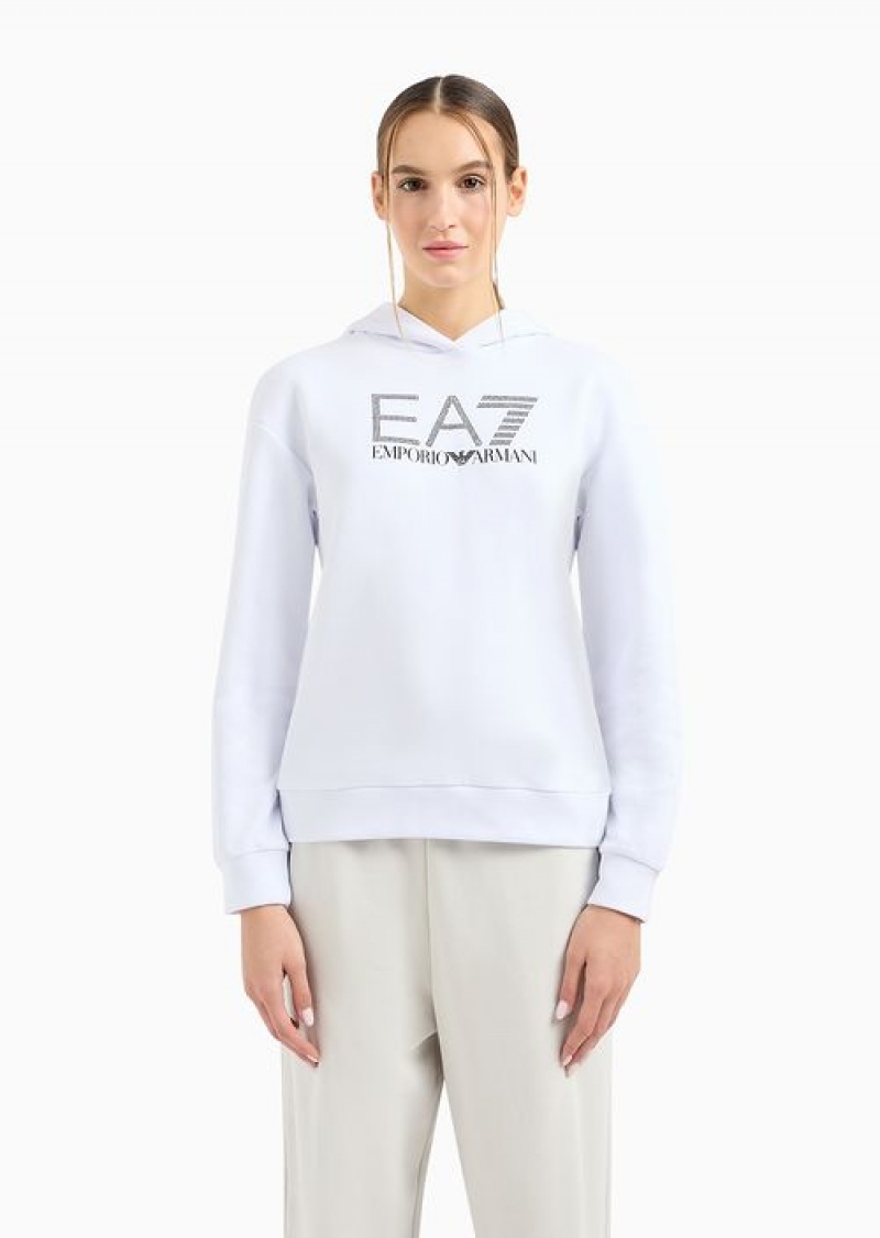 White Emporio Armani Logo Series Organic-cotton Hooded Sweatshirt With Rhinestone Logo | EA7-SN59576