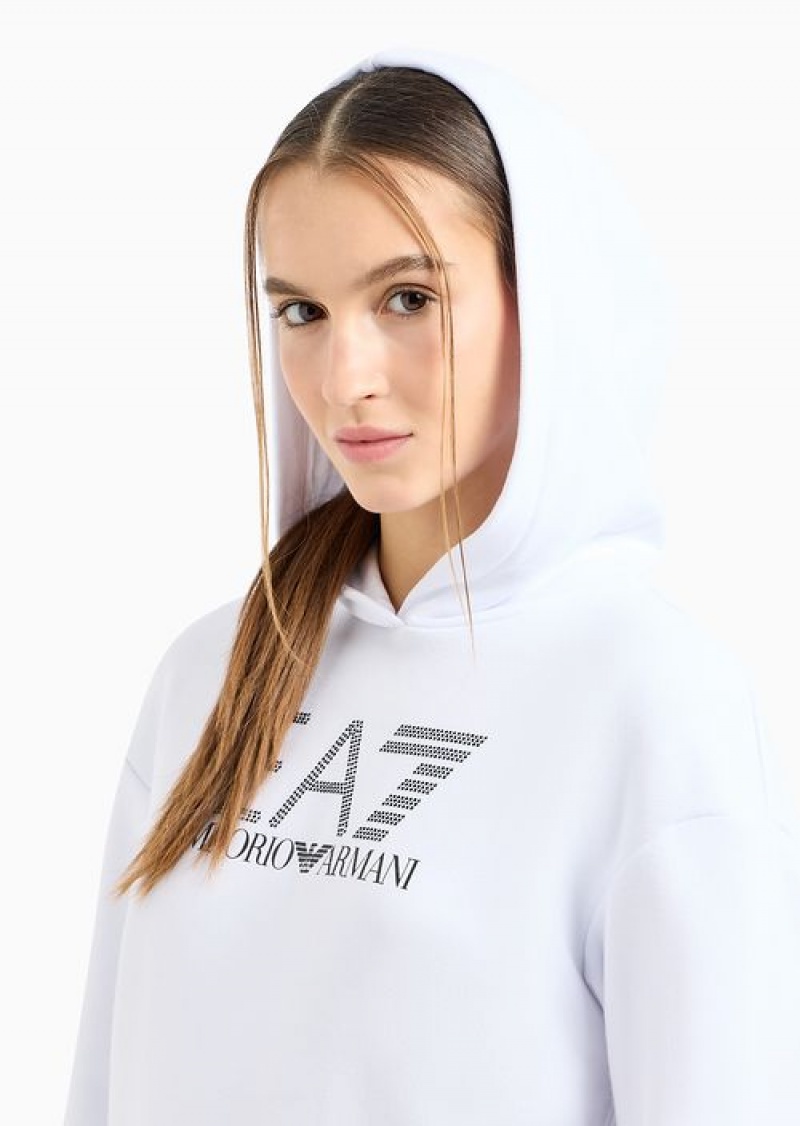 White Emporio Armani Logo Series Organic-cotton Hooded Sweatshirt With Rhinestone Logo | EA7-SN59576