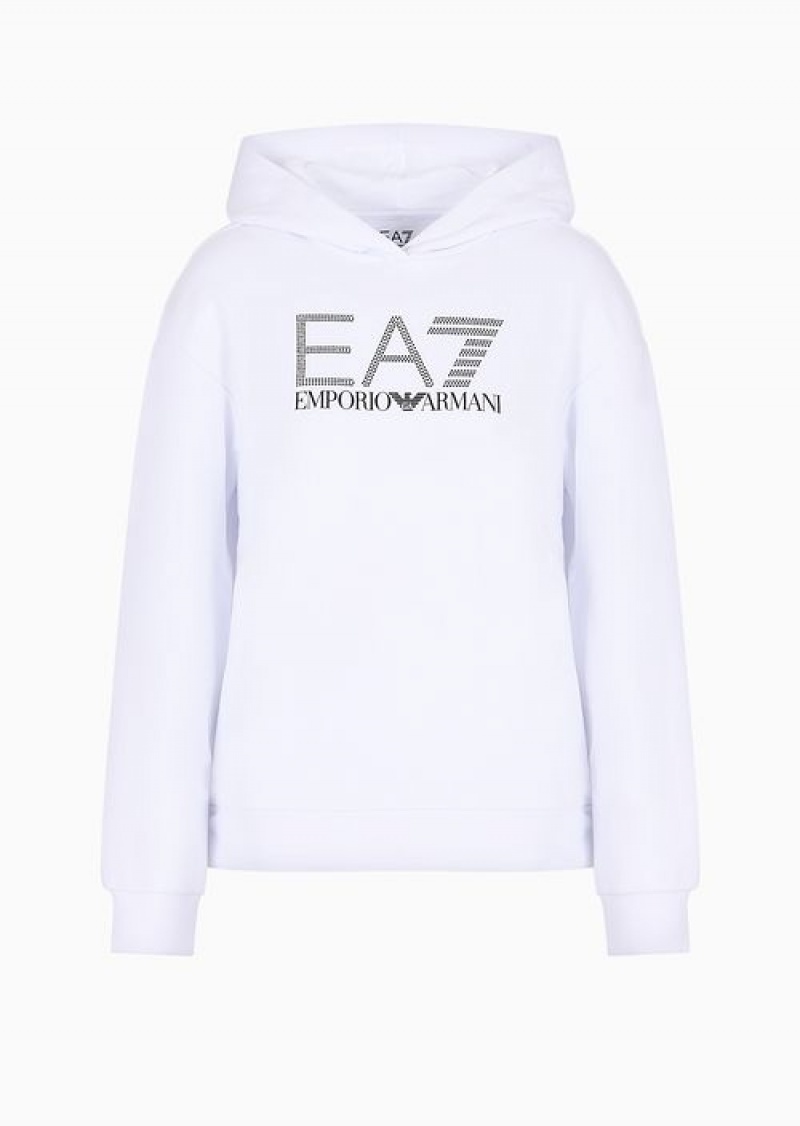 White Emporio Armani Logo Series Organic-cotton Hooded Sweatshirt With Rhinestone Logo | EA7-SN59576