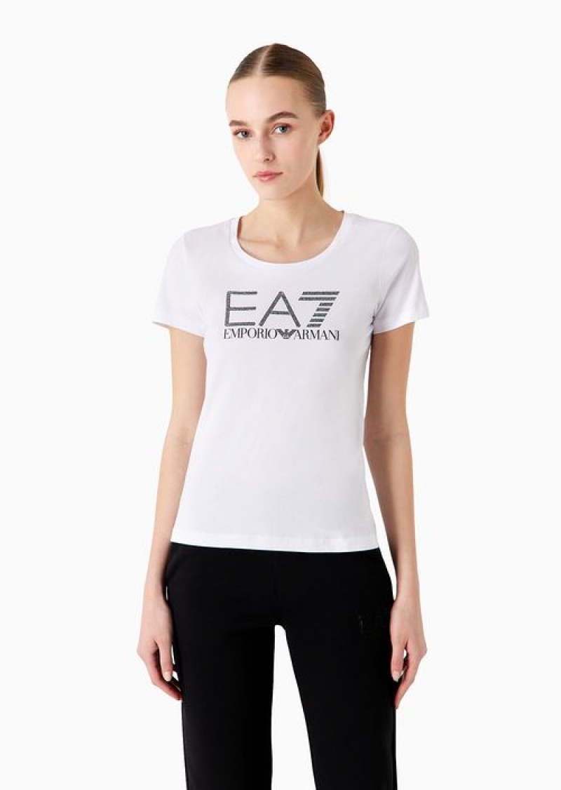 White Emporio Armani Logo Series Organic-cotton T-shirt With A Rhinestone Logo | EA7-SN59639