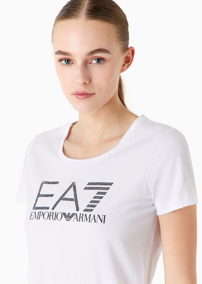 White Emporio Armani Logo Series Organic-cotton T-shirt With A Rhinestone Logo | EA7-SN59639