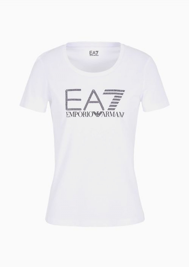 White Emporio Armani Logo Series Organic-cotton T-shirt With A Rhinestone Logo | EA7-SN59639