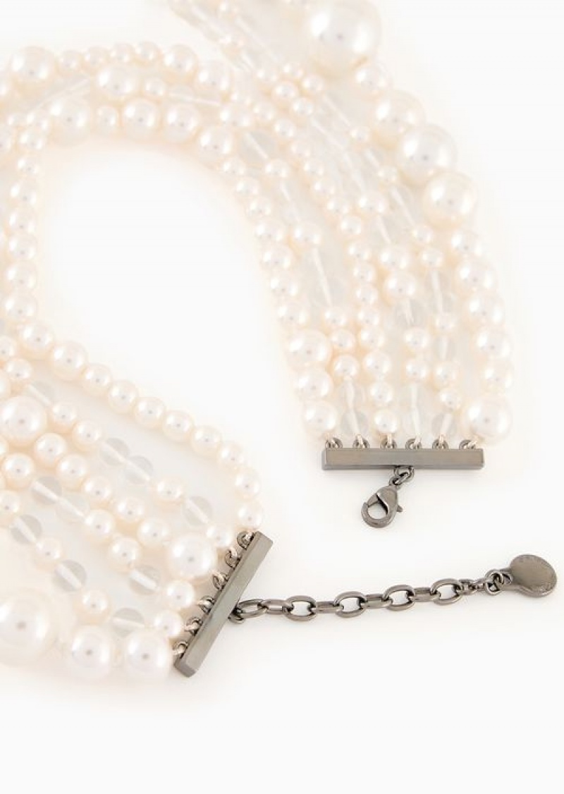 White Emporio Armani Long Multistrand Necklace With Pearl-effect Spheres And Beads | EA-SN57517