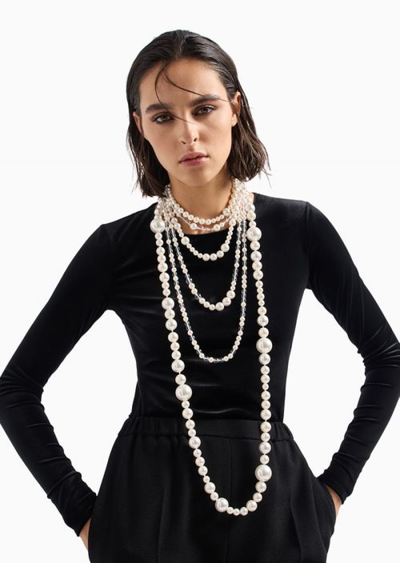 White Emporio Armani Long Multistrand Necklace With Pearl-effect Spheres And Beads | EA-SN57517