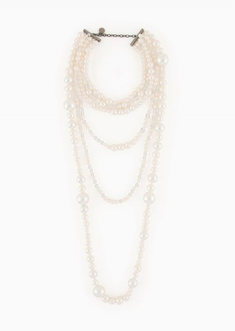 White Emporio Armani Long Multistrand Necklace With Pearl-effect Spheres And Beads | EA-SN57517