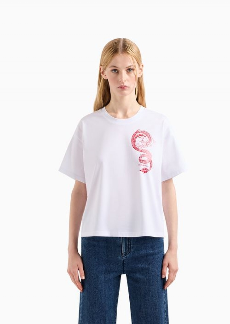 White Emporio Armani Lunar New Year Mercerised-jersey T-shirt With Dragon Print | EA-SN57068