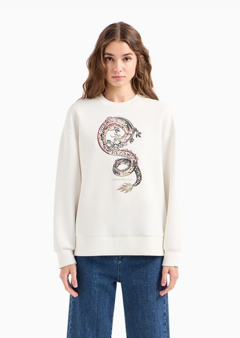 White Emporio Armani Lunar New Year Sweatshirt With Oversized Dragon Embroidery | EA-SN57007