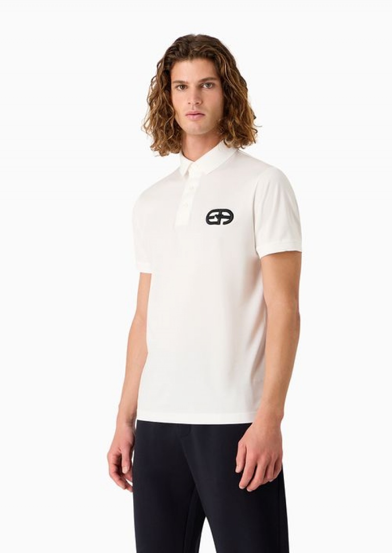 White Emporio Armani Lyocell-blend Jersey Polo Shirt With Armani Sustainability Values Logo Raised Embroidery | EA-SN58443