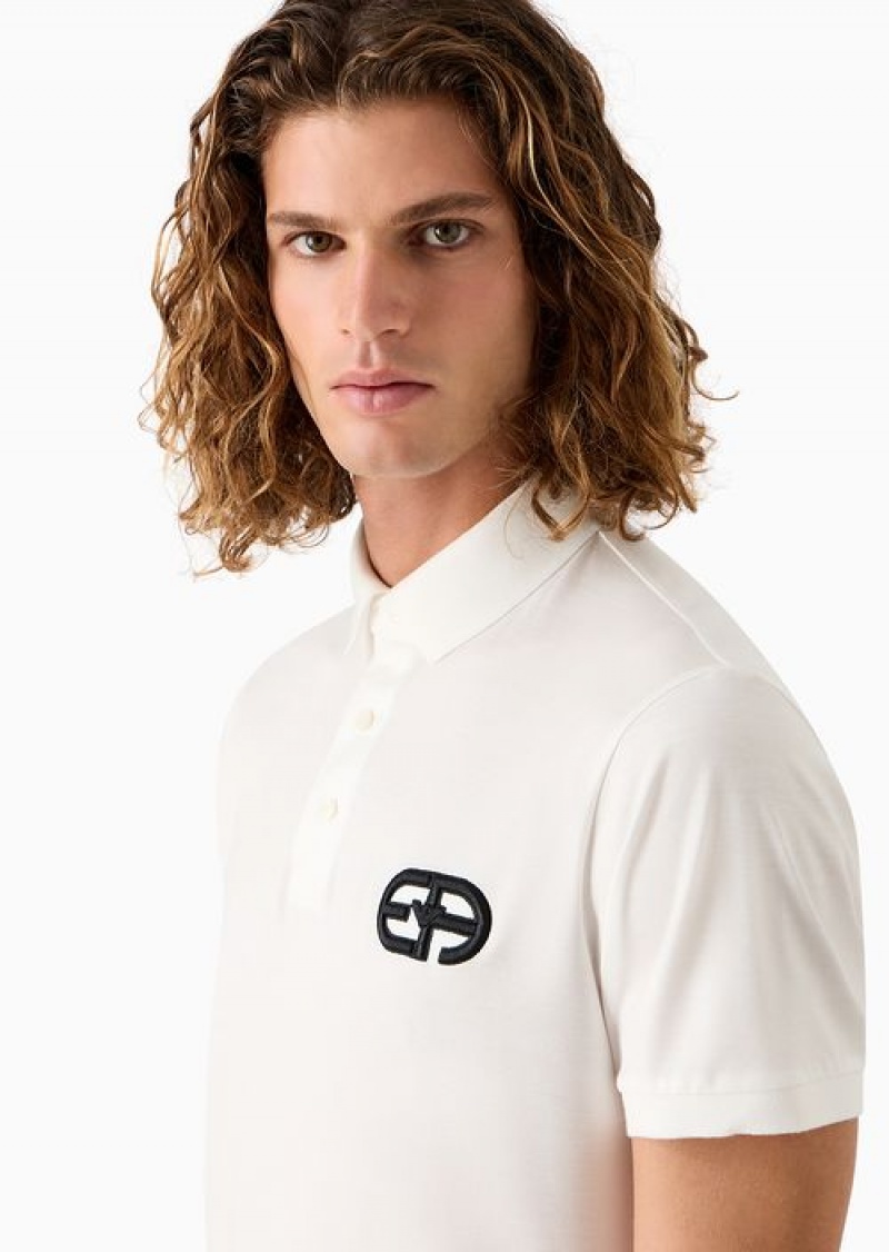 White Emporio Armani Lyocell-blend Jersey Polo Shirt With Armani Sustainability Values Logo Raised Embroidery | EA-SN58443