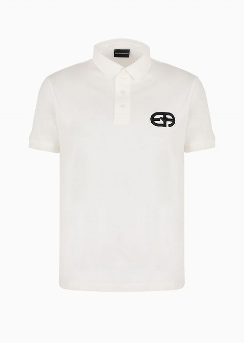 White Emporio Armani Lyocell-blend Jersey Polo Shirt With Armani Sustainability Values Logo Raised Embroidery | EA-SN58443