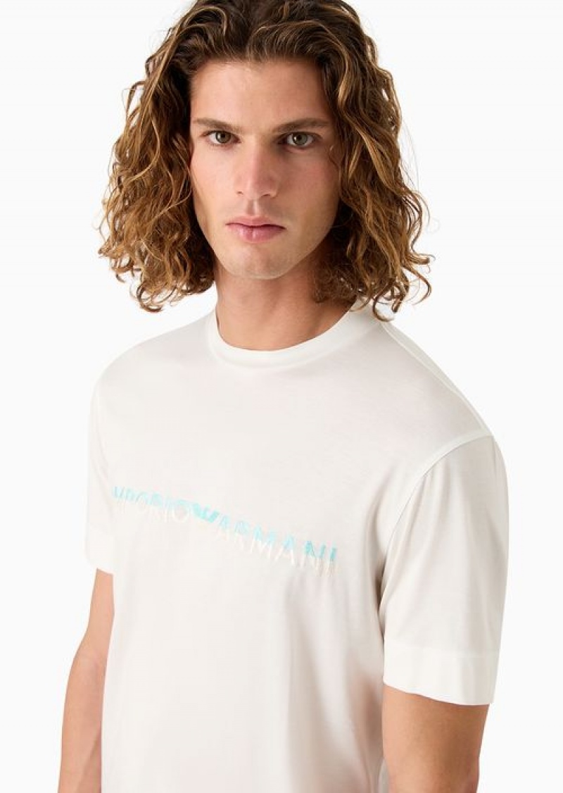 White Emporio Armani Lyocell-blend Jersey T-shirt With Two-tone Embroidered Asv Logo | EA-SN58639