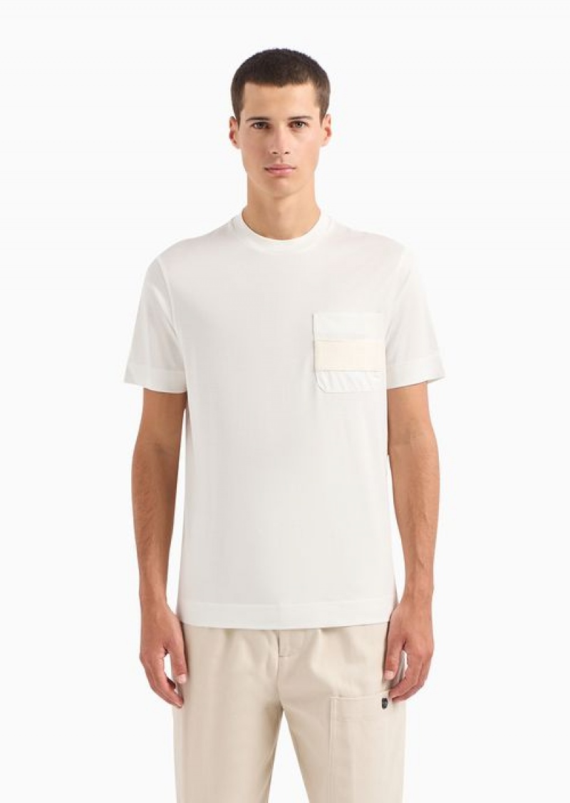 White Emporio Armani Lyocell-blend Jersey T-shirt With Asv Rubberised Logo Stripe On The Pocket | EA-SN58658