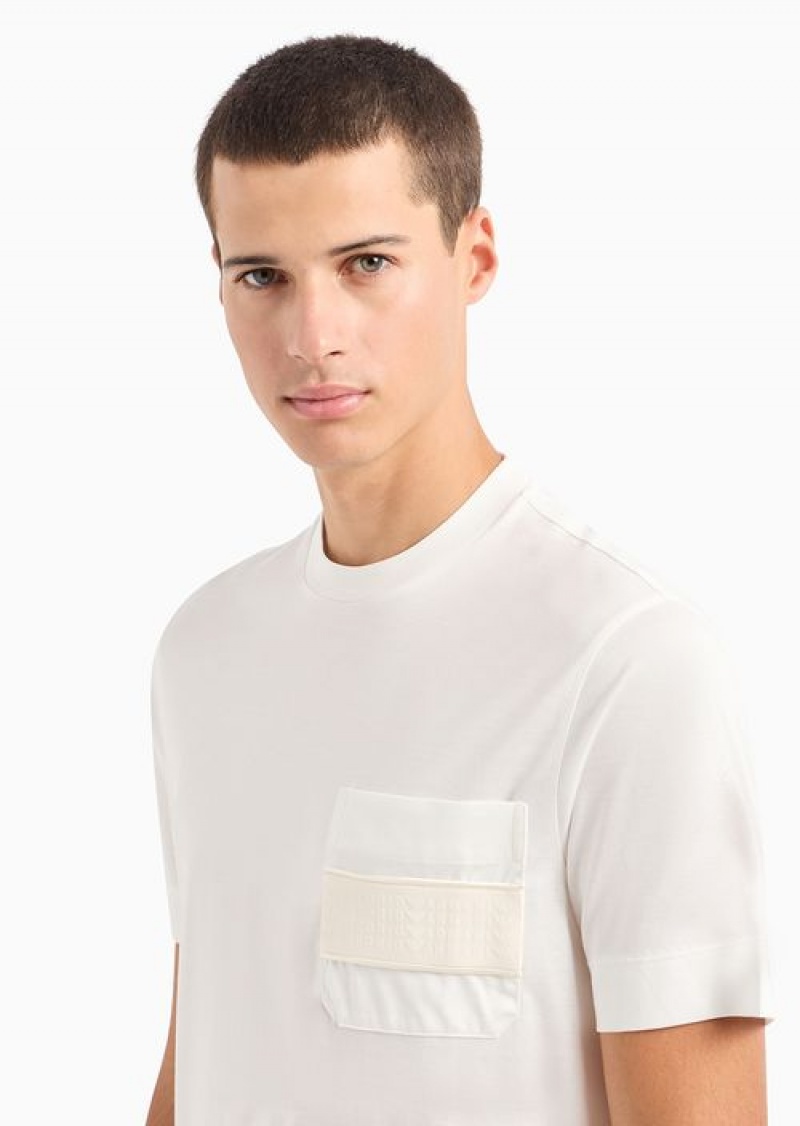 White Emporio Armani Lyocell-blend Jersey T-shirt With Asv Rubberised Logo Stripe On The Pocket | EA-SN58658