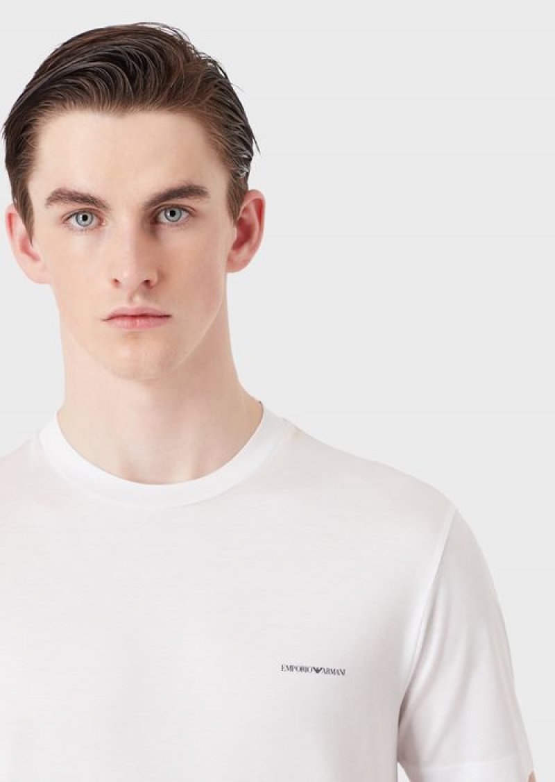 White Emporio Armani Lyocell-blend Jersey T-shirt With Asv Micro Logo Lettering | EA-SN58739