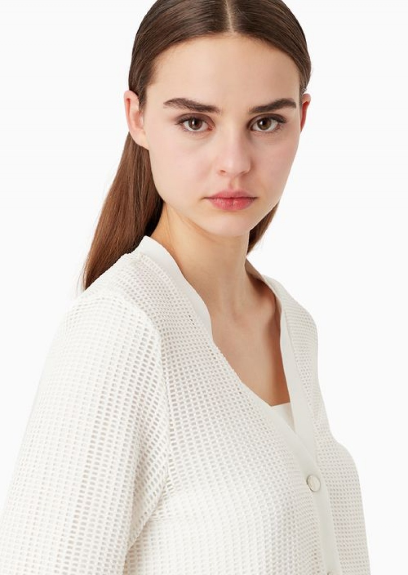 White Emporio Armani Mesh V-neck Cardigan | EA-SN56658