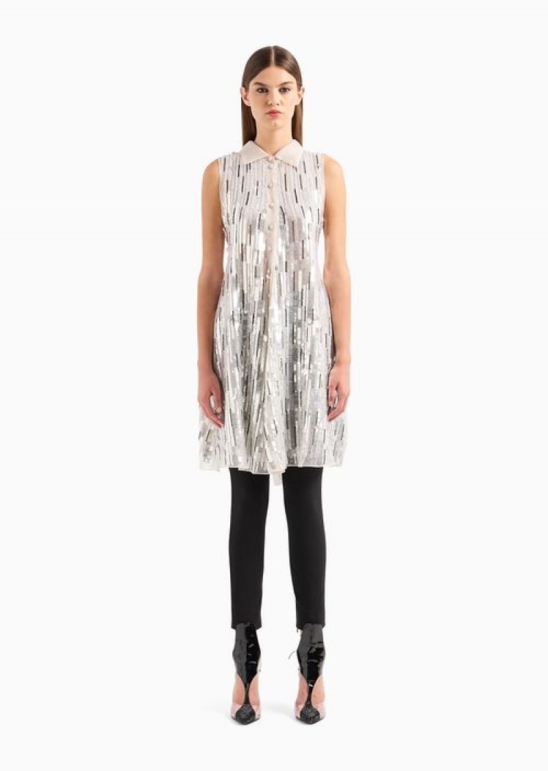 White Emporio Armani Midi Dress In Silk Organza With A Blend Of All-over Hand-embroidered Sequins | EA-SN56538